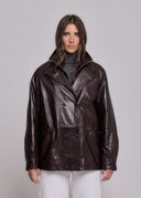 DOUBLE-BREASTED OIL LEATHER JACKET - BROWN