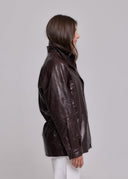 DOUBLE-BREASTED OIL LEATHER JACKET - BROWN