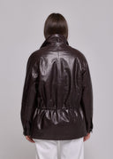 DOUBLE-BREASTED OIL LEATHER JACKET - BROWN