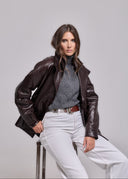 DOUBLE-BREASTED OIL LEATHER JACKET - BROWN