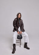 DOUBLE-BREASTED OIL LEATHER JACKET - BROWN