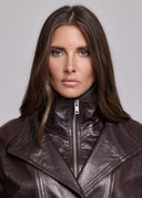 DOUBLE-BREASTED OIL LEATHER JACKET - BROWN